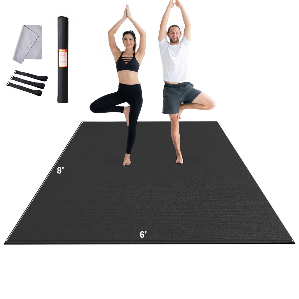 people practicing yoga on a large 8' x 6' black VEVOR exercise mat with included accessories shown.