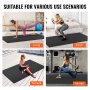 VEVOR exercise mat used for workouts in various settings: living room, bedroom, terrace, and garage.