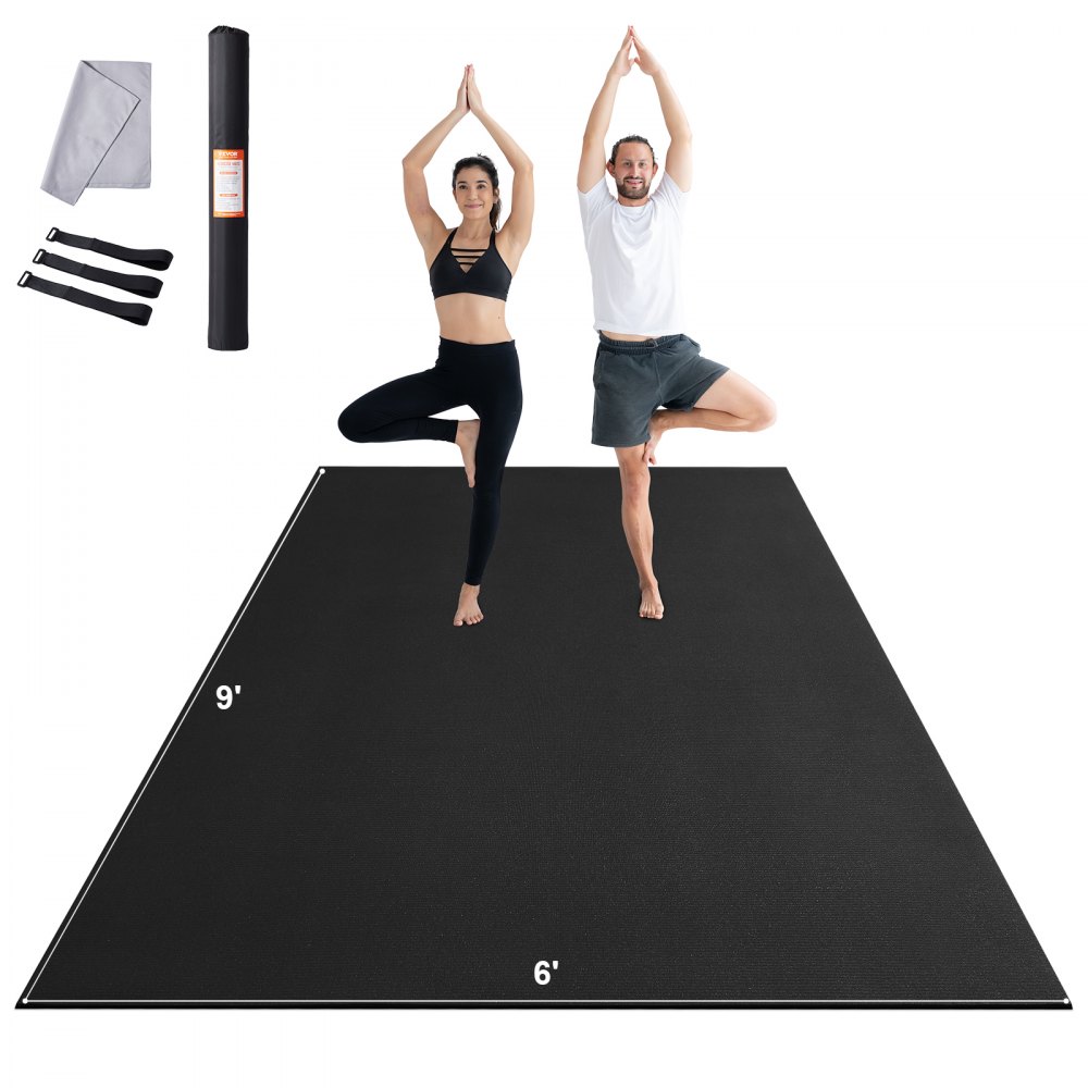 two people practicing yoga on a VEVOR exercise mat measuring 9' by 6', with accessories included.