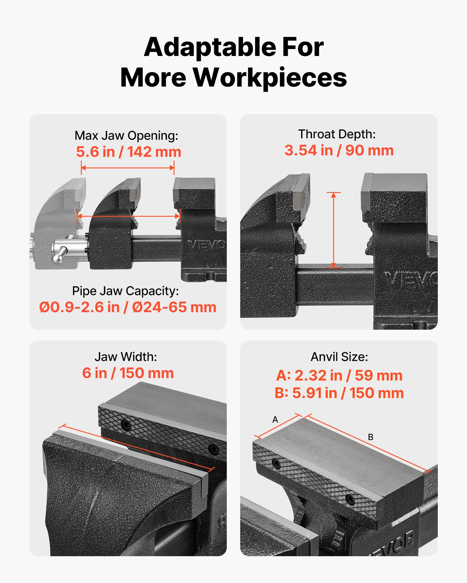 VEVOR werkbankschroef met een bekbreedte van 15 cm en een klemkracht van 25 kN, voor zagen, slijpen, boren en pijpsnijden, met een bekdiepte van 90 mm, handgreepvergrendeling en magnetische bekkensteunen.