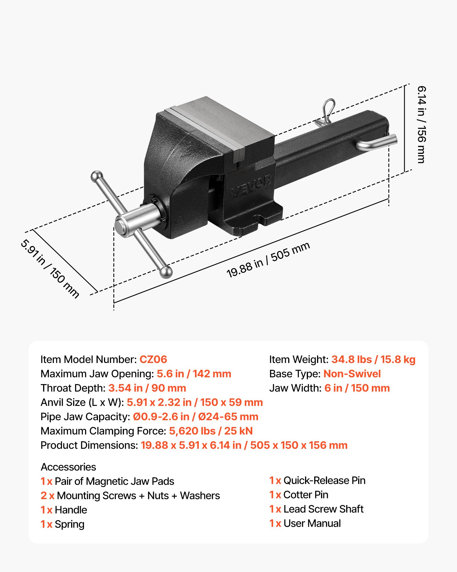 VEVOR werkbankschroef met een bekbreedte van 15 cm en een klemkracht van 25 kN, voor zagen, slijpen, boren en pijpsnijden, met een bekdiepte van 90 mm, handgreepvergrendeling en magnetische bekkensteunen.