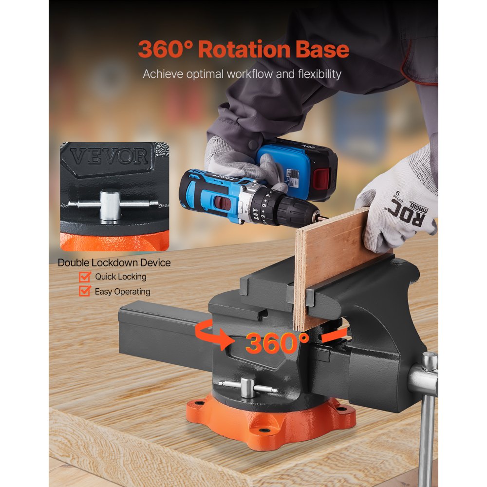 VEVOR Bench Vise, 8" Jaw Width, 8" Max Jaw Opening Multipurpose Vise with 360° Swivel Locking Base, 3.7" Throat Depth, Heavy Duty Ductile Iron Workbench Vise, Two-Way Jaws for Clamping Round Pipes