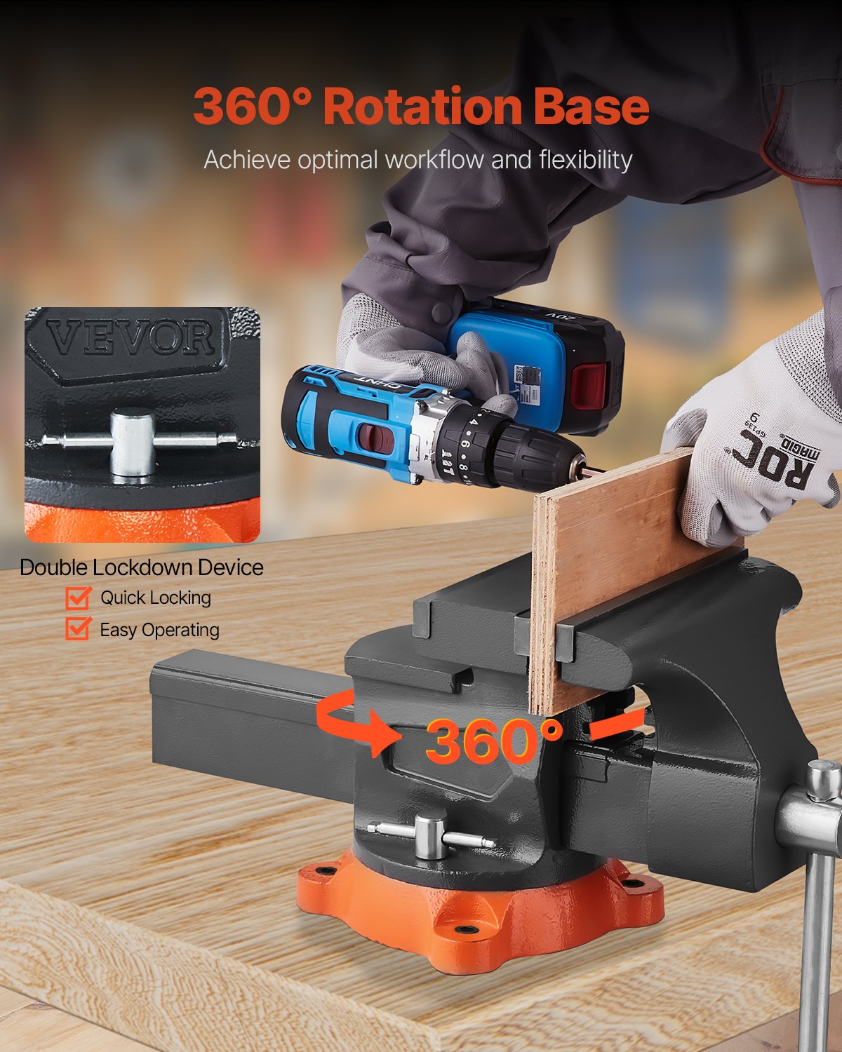 VEVOR Bench Vise, 8" Jaw Width, 8" Max Jaw Opening Multipurpose Vise with 360° Swivel Locking Base, 3.7" Throat Depth, Heavy Duty Ductile Iron Workbench Vise, Two-Way Jaws for Clamping Round Pipes