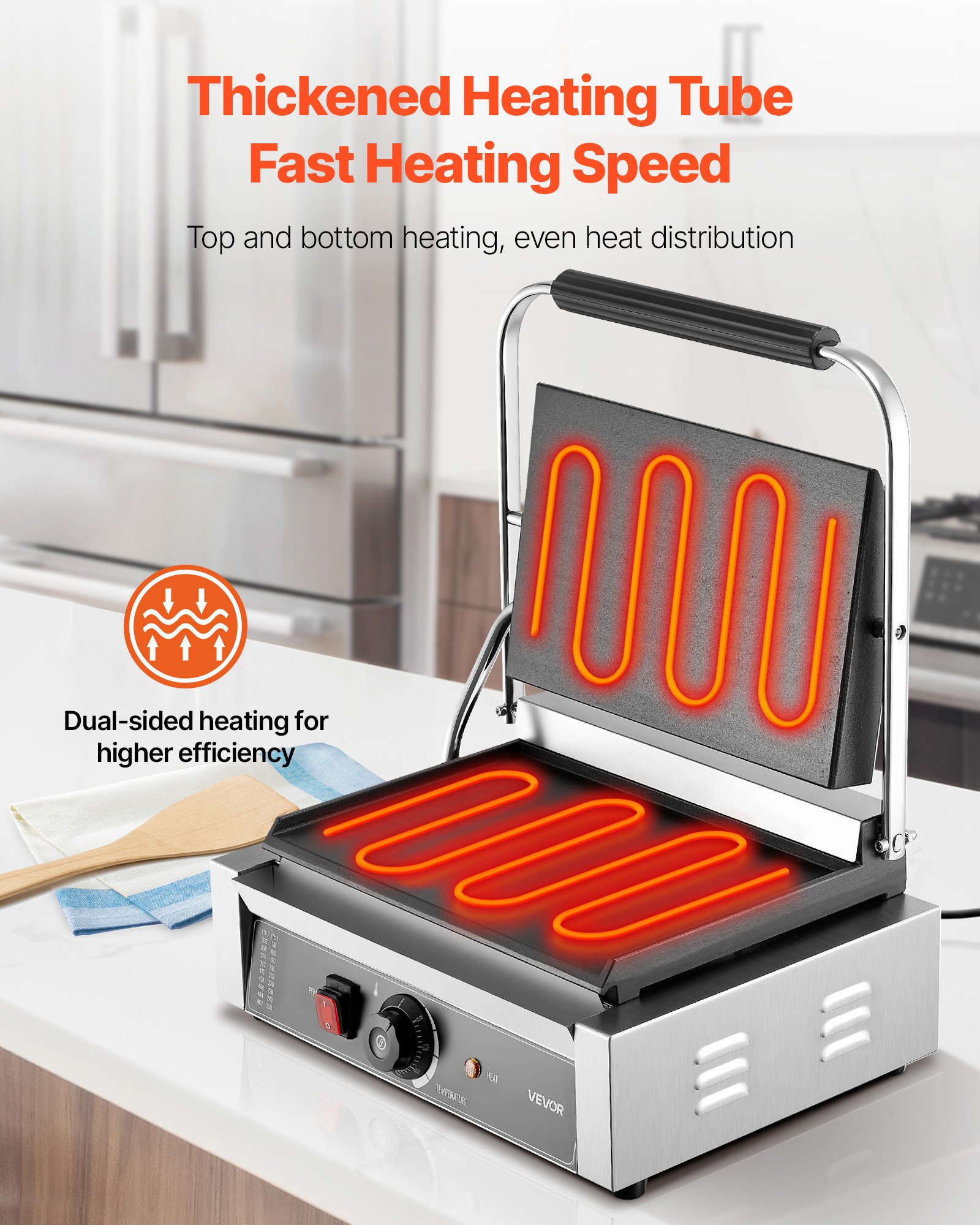 VEVOR Commercial Panini Grill, 2200W Electric Sandwich Panini Maker, Stainless Steel Sandwichs Press Grill with Handle and Temp Control, 34x23 cm Full Flat Enamel Plate, for Hamburger Steak Bacon