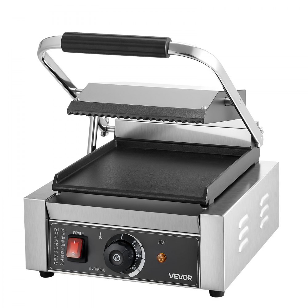 VEVOR Commerciële Contactgrill 1800W Elektrische Grill Sandwich Maker Paninipers Gemaakt van roestvrij staal met handvat en temperatuurregeling, 22 x 23 cm Platte geëmailleerde plaat (enkel), voor hamburger, steak en spek
