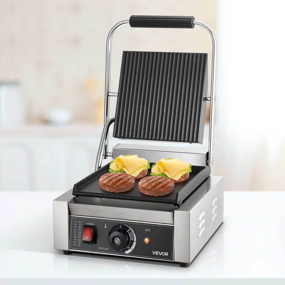 VEVOR Commerciële Contactgrill 1800W Elektrische Grill Sandwich Maker Paninipers Gemaakt van roestvrij staal met handvat en temperatuurregeling, 22 x 23 cm Platte geëmailleerde plaat (enkel), voor hamburger, steak en spek