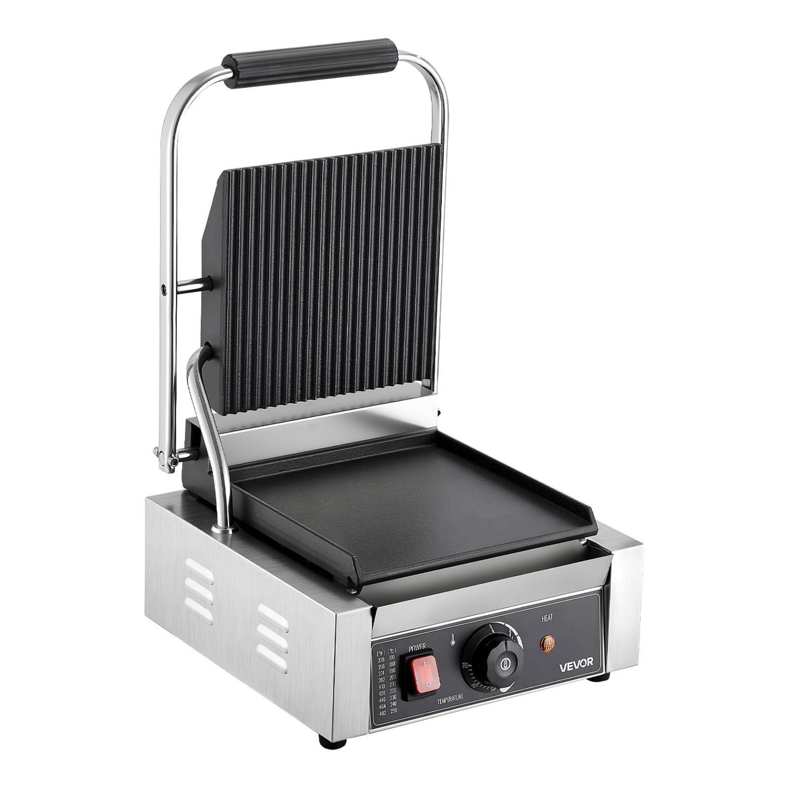 VEVOR Commerciële Contactgrill 1800W Elektrische Grill Sandwich Maker Paninipers Gemaakt van roestvrij staal met handvat en temperatuurregeling, 22 x 23 cm Platte geëmailleerde plaat (enkel), voor hamburger, steak en spek
