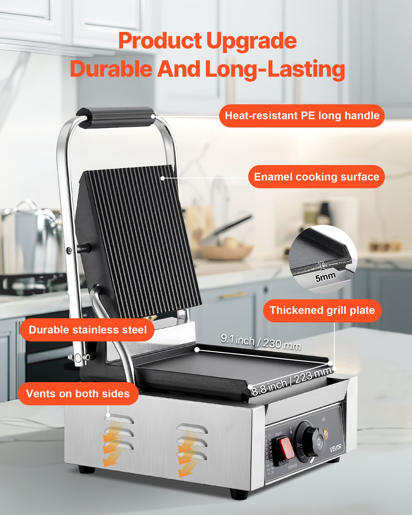 VEVOR Commerciële Contactgrill 1800W Elektrische Grill Sandwich Maker Paninipers Gemaakt van roestvrij staal met handvat en temperatuurregeling, 22 x 23 cm Platte geëmailleerde plaat (enkel), voor hamburger, steak en spek