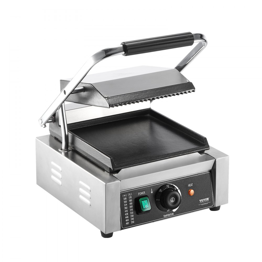 VEVOR Commerciële Panini Grill, 1800W Elektrische Sandwich Panini Maker, RVS Sandwich Pers Grill, Panini Grill met Temperatuurregeling en 23 x 23 cm Platte Emaille Plaat