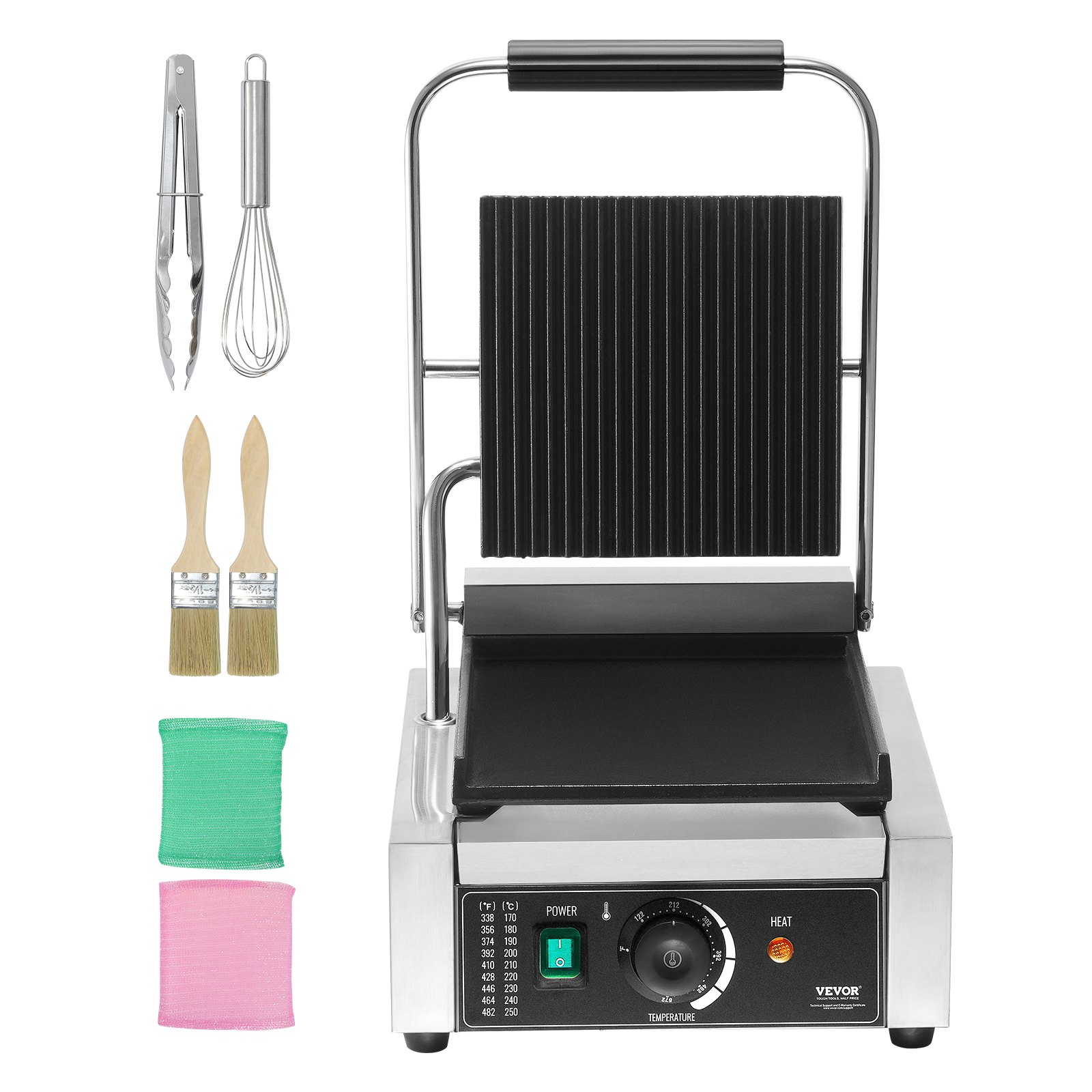 VEVOR Commerciële Panini Grill, 1800W Elektrische Sandwich Panini Maker, RVS Sandwich Pers Grill, Panini Grill met Temperatuurregeling en 23 x 23 cm Platte Emaille Plaat