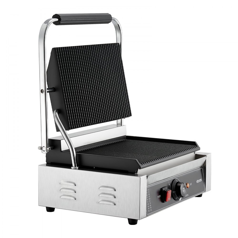 VEVOR Commerciële Panini Grill, Contactgrill 2200 W voor Sandwiches, Steak, Bacon, Hamburgers, Roestvrijstalen Sandwichmaker Persgrill met Handvat & Temperatuurregeling & 34 x 23 cm Verwarmingsplaat, Panini Pers