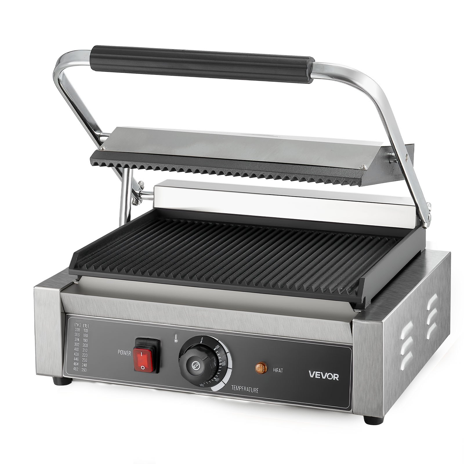 VEVOR Commerciële Panini Grill, Contactgrill 2200 W voor Sandwiches, Steak, Bacon, Hamburgers, Roestvrijstalen Sandwichmaker Persgrill met Handvat & Temperatuurregeling & 34 x 23 cm Verwarmingsplaat, Panini Pers