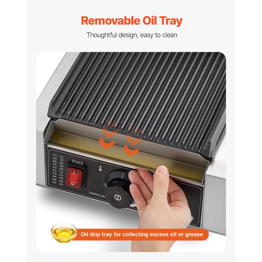 VEVOR Commercial Panini Grill, 1800W Electric Sandwich Panini Maker, Stainless Steel Sandwichs Press Grill with Handle and Temp Control, 22x23 cm Flat Enamel Plate, for Hamburger Steak Bacon