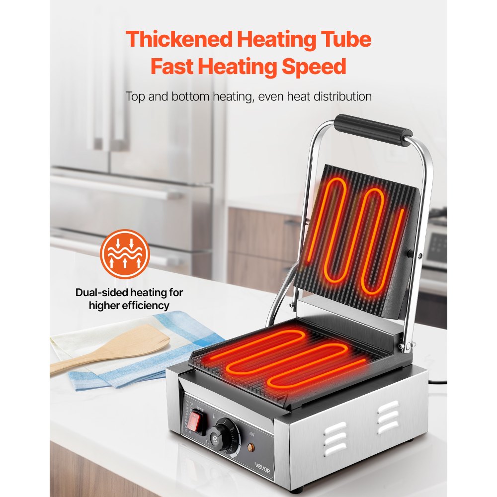VEVOR Commerciële Panini Grill Contactgrill 1800W voor Sandwiches Steak Bacon Hamburger, Sandwich Maker Press Grill Gemaakt van roestvrij staal met handvat & temperatuurregeling & 22 x 23 cm verwarmingsplaat, Panini Press