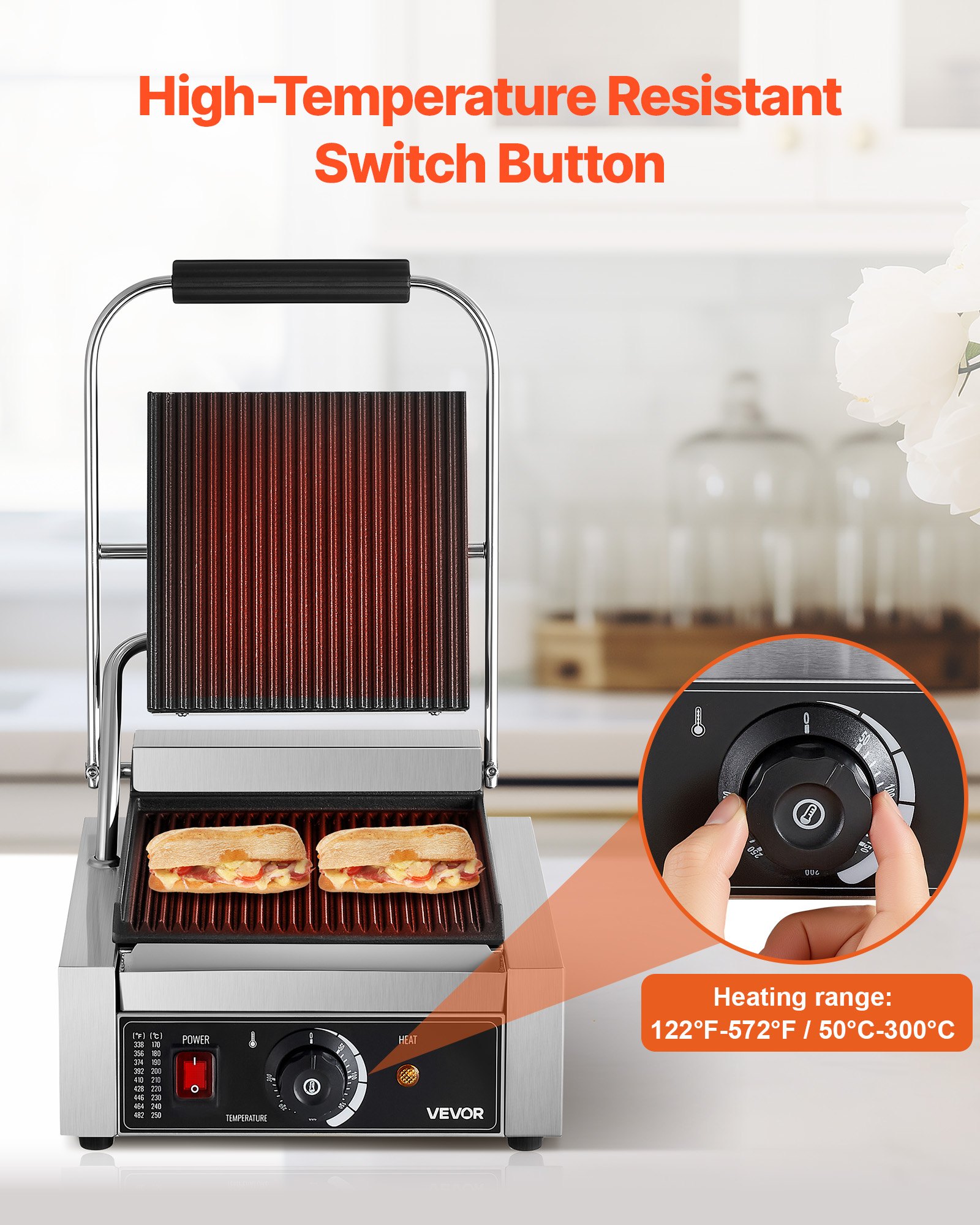 VEVOR Commercial Panini Grill, 1800W Electric Sandwich Panini Maker, Stainless Steel Sandwichs Press Grill with Handle and Temp Control, 22x23 cm Flat Enamel Plate, for Hamburger Steak Bacon