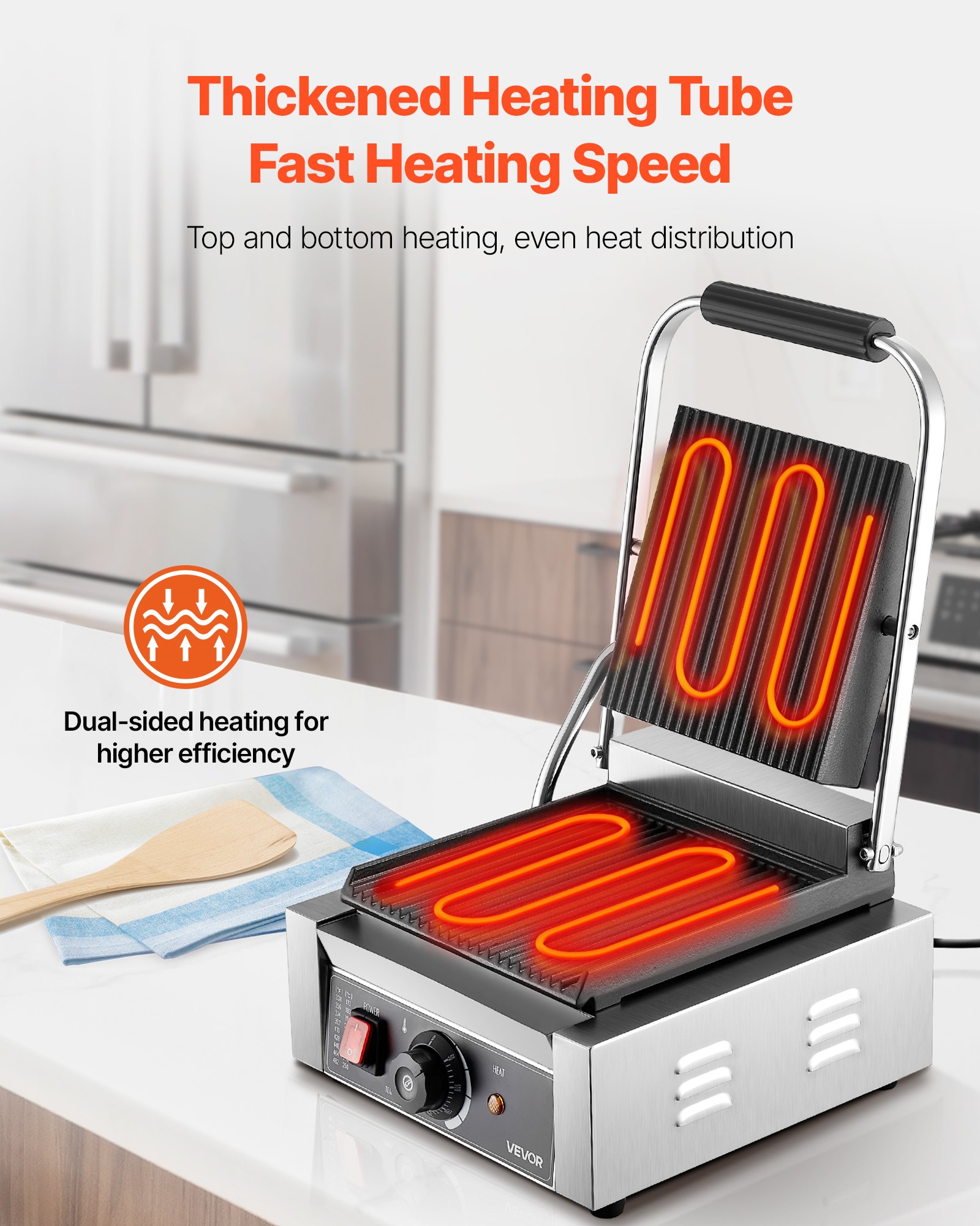 VEVOR Commerciële Panini Grill Contactgrill 1800W voor Sandwiches Steak Bacon Hamburger, Sandwich Maker Press Grill Gemaakt van roestvrij staal met handvat & temperatuurregeling & 22 x 23 cm verwarmingsplaat, Panini Press