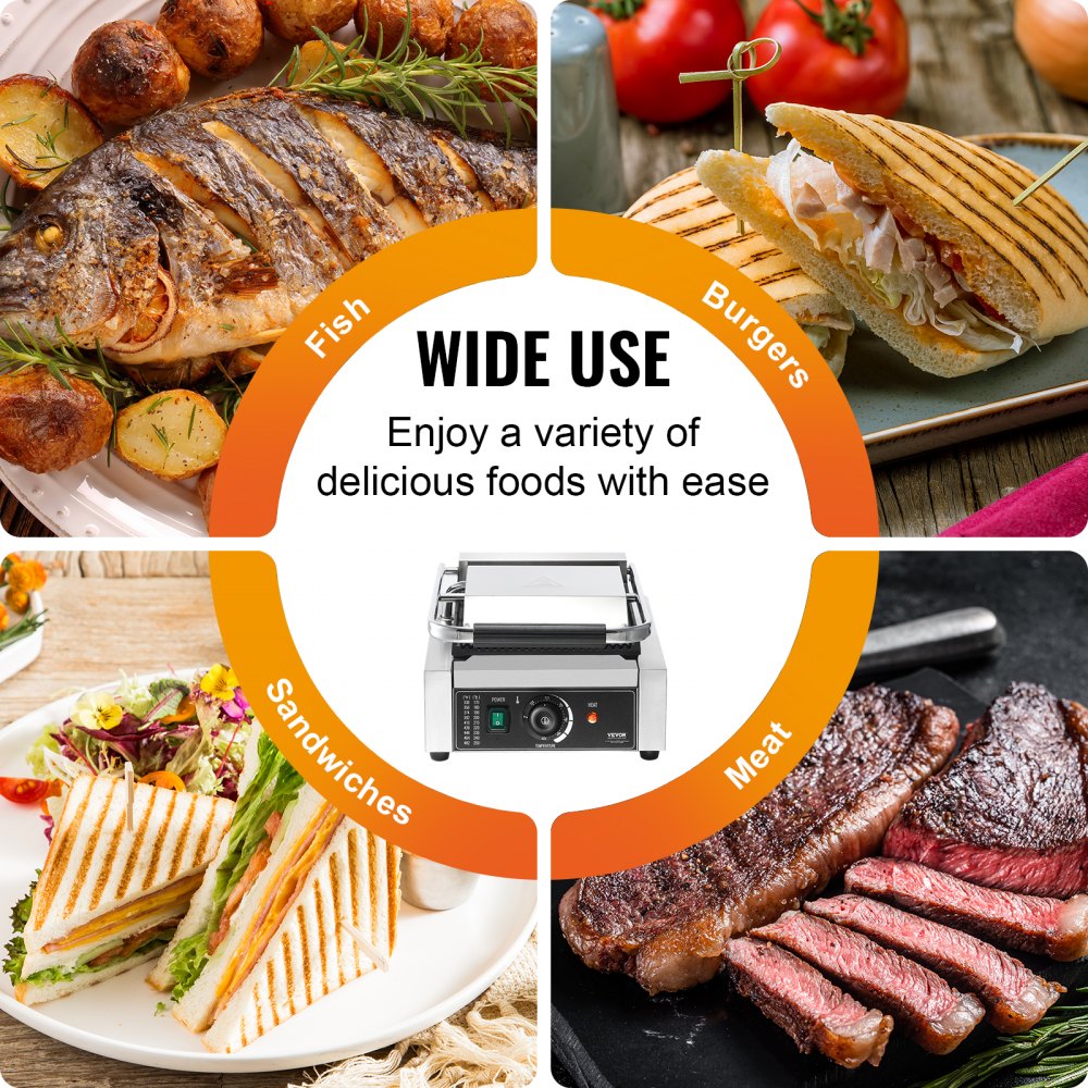 VEVOR Commerciële Panini Grill, 1,8 kW Elektrische Sandwich Panini Maker, Roestvrijstalen Sandwichpers Grill, Panini Grill met Temperatuurregeling & 23 x 23 cm Volledig Geribbelde Emaille Plaat