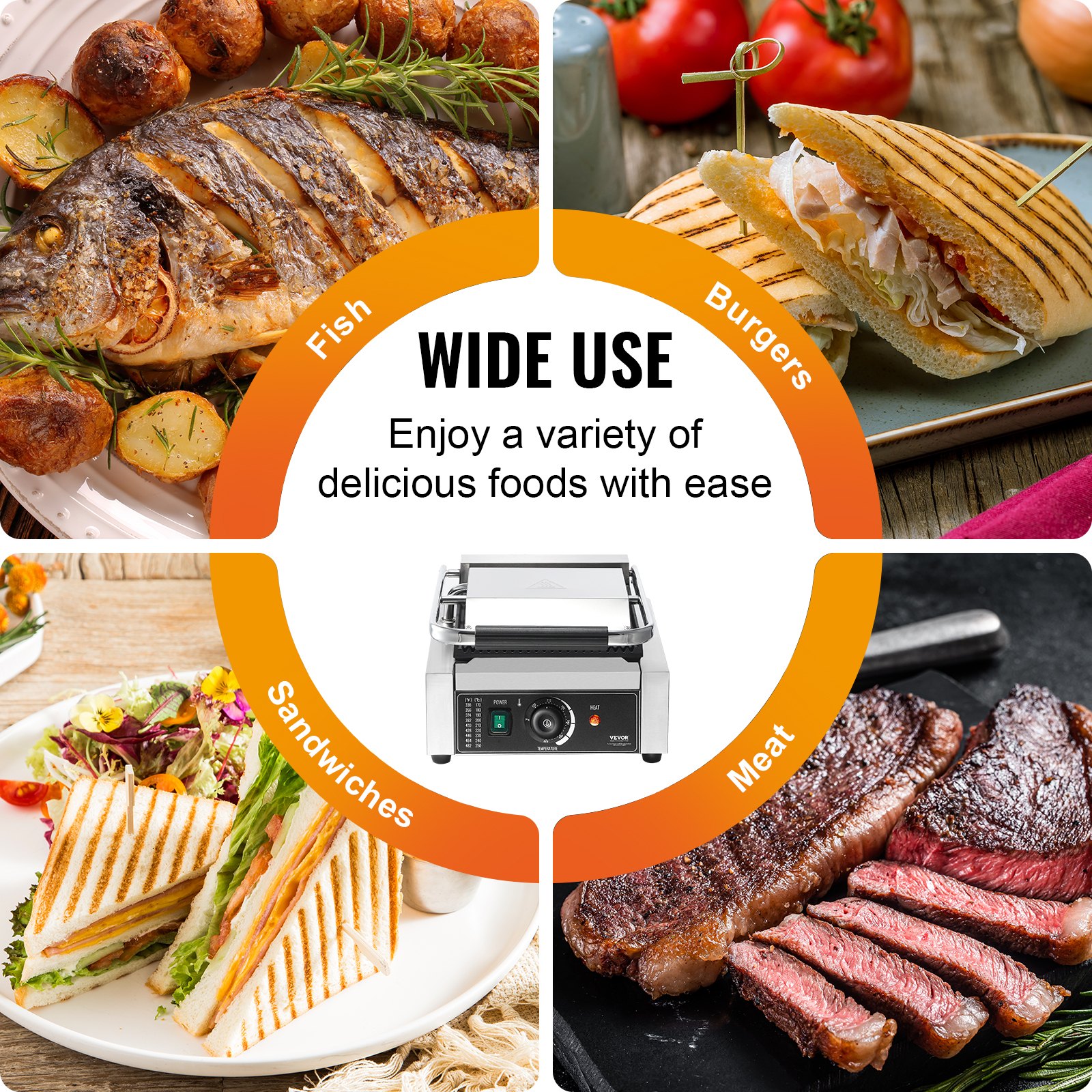 VEVOR Commercial Panini Grill, 1800W Electric Sandwich Panini Maker, Stainless Steel Sandwich Press Grill, Panini Grill with Temp Control & 9"x9" Full Grooved Enamel Plate for Hamburger Steak Bacon