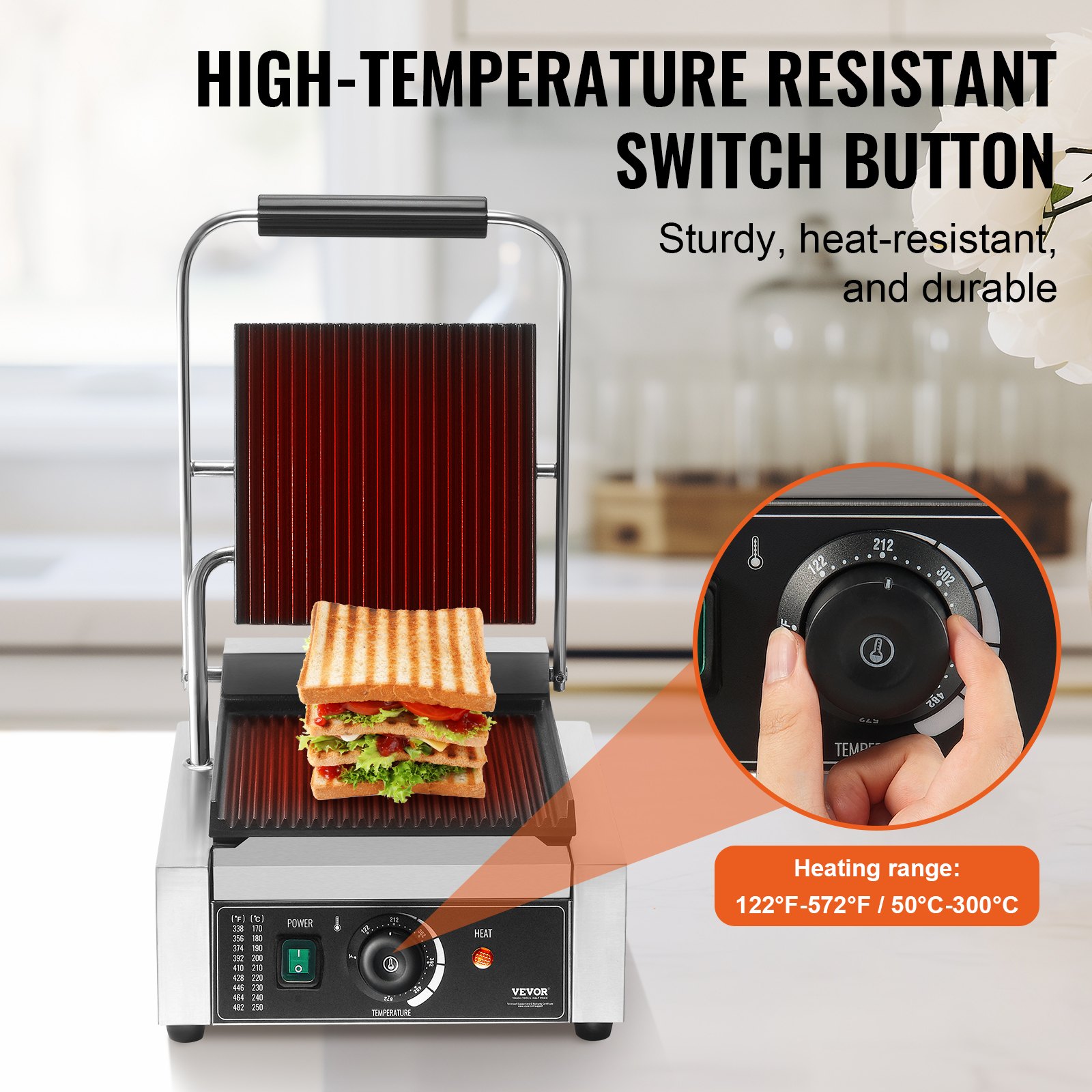 VEVOR Commerciële Panini Grill, 1,8 kW Elektrische Sandwich Panini Maker, Roestvrijstalen Sandwichpers Grill, Panini Grill met Temperatuurregeling & 23 x 23 cm Volledig Geribbelde Emaille Plaat