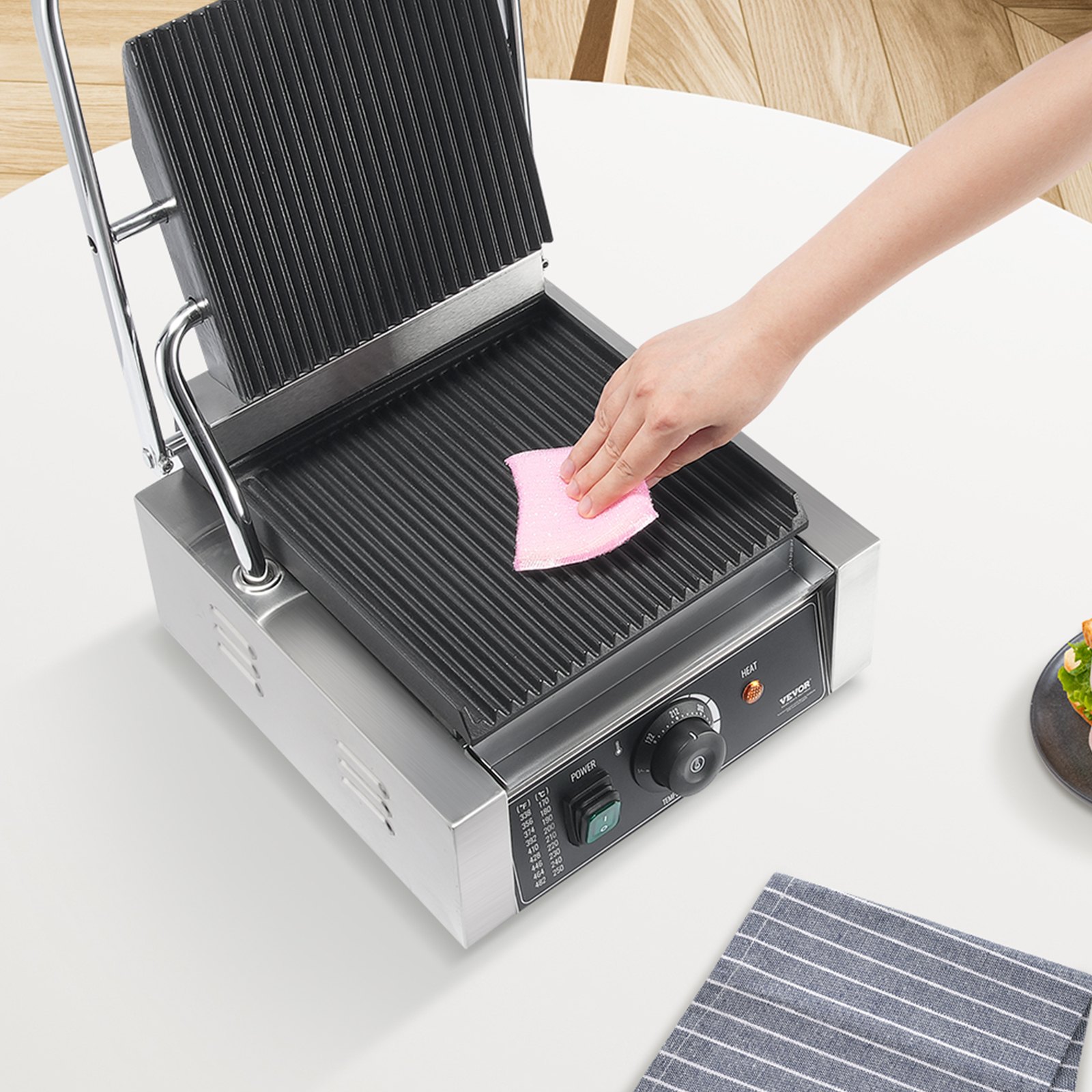 VEVOR Commerciële Panini Grill, 1,8 kW Elektrische Sandwich Panini Maker, Roestvrijstalen Sandwichpers Grill, Panini Grill met Temperatuurregeling & 23 x 23 cm Volledig Geribbelde Emaille Plaat