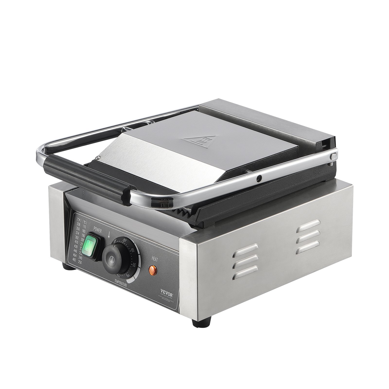 VEVOR Commerciële Panini Grill, 1,8 kW Elektrische Sandwich Panini Maker, Roestvrijstalen Sandwichpers Grill, Panini Grill met Temperatuurregeling & 23 x 23 cm Volledig Geribbelde Emaille Plaat