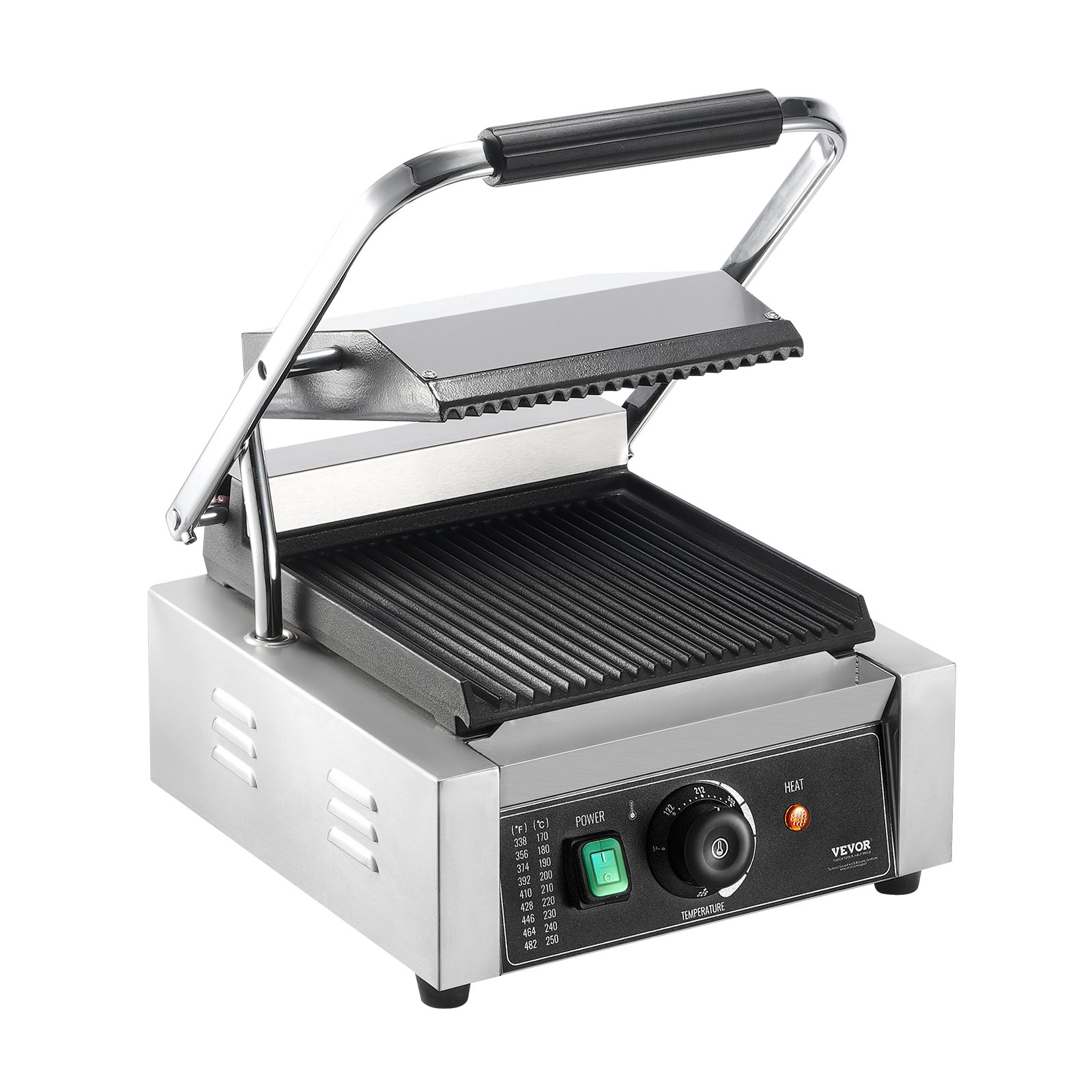 VEVOR Commerciële Panini Grill, 1,8 kW Elektrische Sandwich Panini Maker, Roestvrijstalen Sandwichpers Grill, Panini Grill met Temperatuurregeling & 23 x 23 cm Volledig Geribbelde Emaille Plaat
