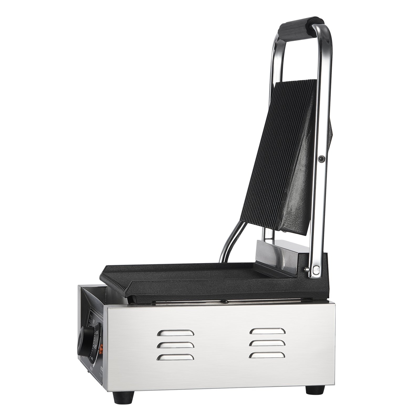 VEVOR Commerciële Panini Grill, 1,8 kW Elektrische Sandwich Panini Maker, Roestvrijstalen Sandwichpers Grill, Panini Grill met Temperatuurregeling & 23 x 23 cm Volledig Geribbelde Emaille Plaat