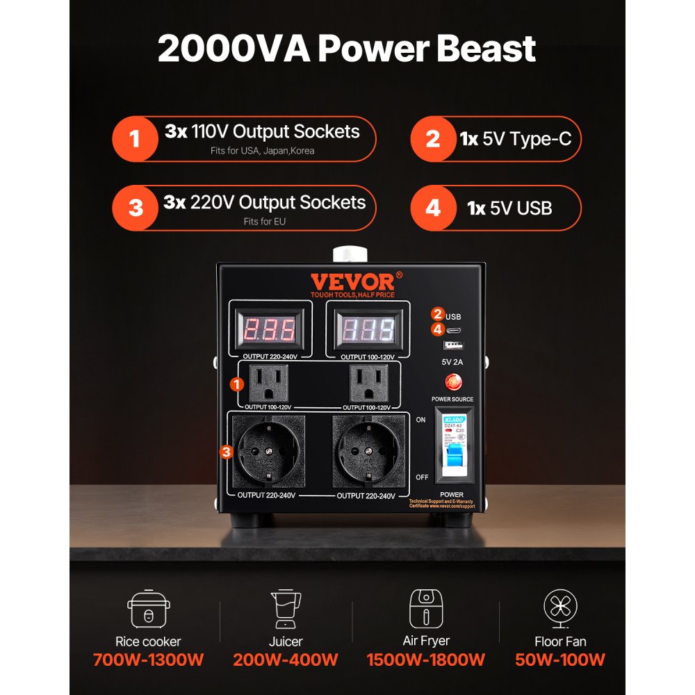 VEVOR 2000W spanningsomvormer AC 110V⇋220V transformatoromvormer 2x Amerikaanse NEMA 5-15R 3-pins/2x standaard Europese Shucko-uitgangsaansluitingen, 1x 5V USB-poort, 1x Type-C-aansluiting