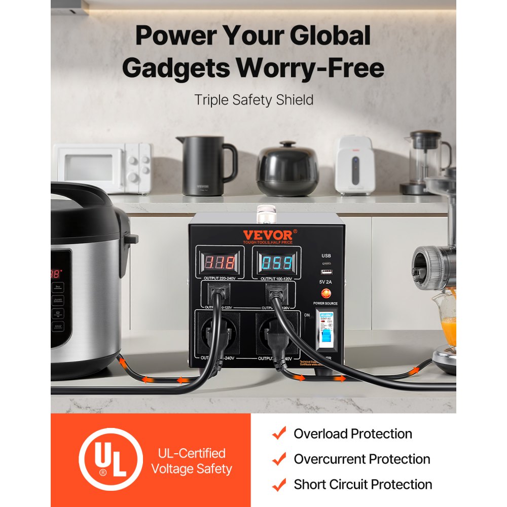 VEVOR 2000W spanningsomvormer AC 110V⇋220V transformatoromvormer 2x Amerikaanse NEMA 5-15R 3-pins/2x standaard Europese Shucko-uitgangsaansluitingen, 1x 5V USB-poort, 1x Type-C-aansluiting