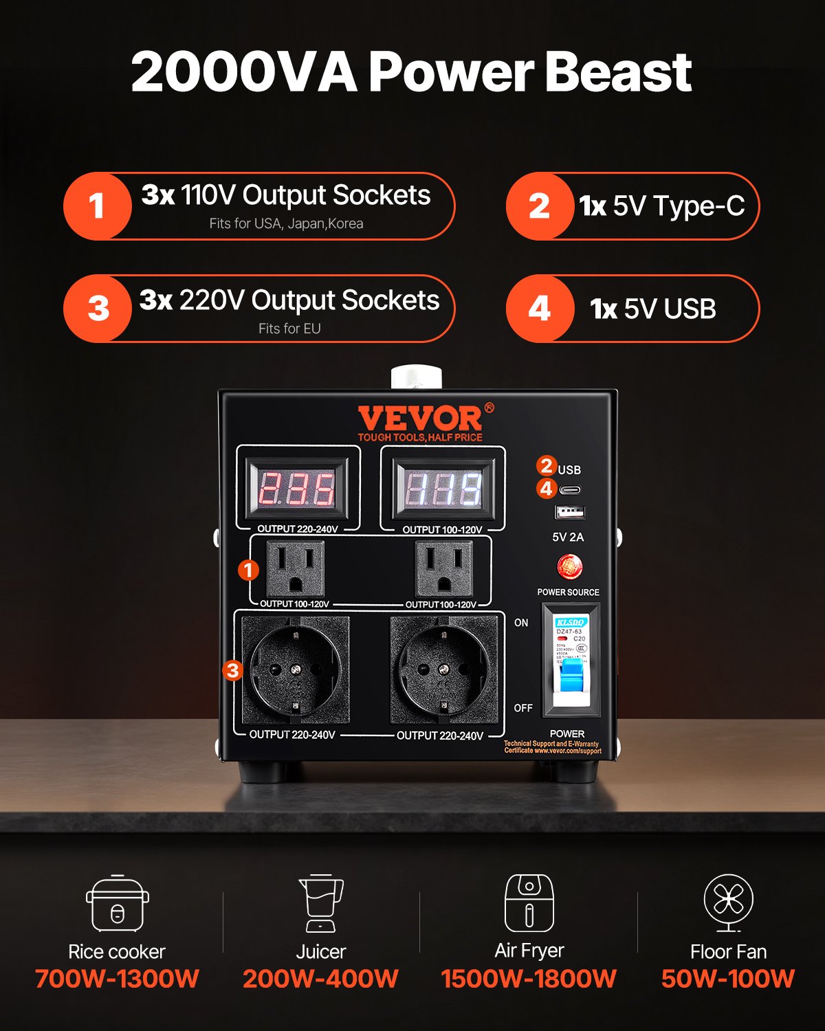 VEVOR 2000W spanningsomvormer AC 110V⇋220V transformatoromvormer 2x Amerikaanse NEMA 5-15R 3-pins/2x standaard Europese Shucko-uitgangsaansluitingen, 1x 5V USB-poort, 1x Type-C-aansluiting
