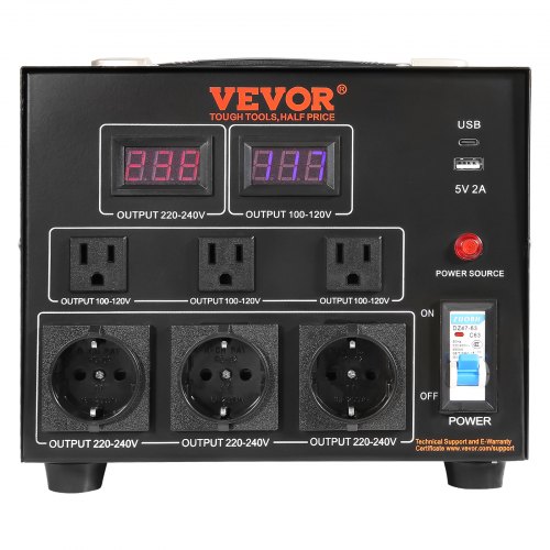 VEVOR 2000 W Voltage Converter, Transformer AC 110 V 220 V Transformer, Converter 2 x US NEMA 5-15R 3 Pin/2 x Standard European Shucko Output Sockets, 1 x 5 V USB Socket VEVOR 2000 W Voltage Converter, Transformer AC 110 V 220 V Transformer, Converter 2 x US NEMA 5-15R 3 Pin/2 x Standard European Shucko Output Sockets, 1 x 5 V USB Socket