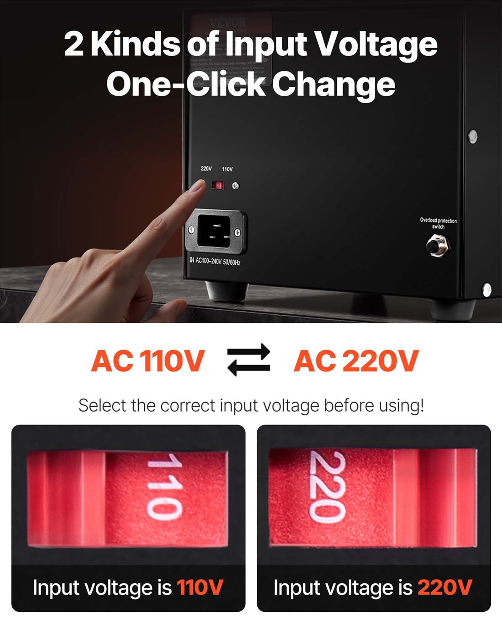 VEVOR 5000W spanningsomvormer AC 110V⇋220V transformatoromvormer 3x Amerikaanse NEMA 5-15R 3-pins / 3x Europese Shucko-uitgangsaansluitingen, 1x 5V USB-poort en 1x Type-C-aansluiting