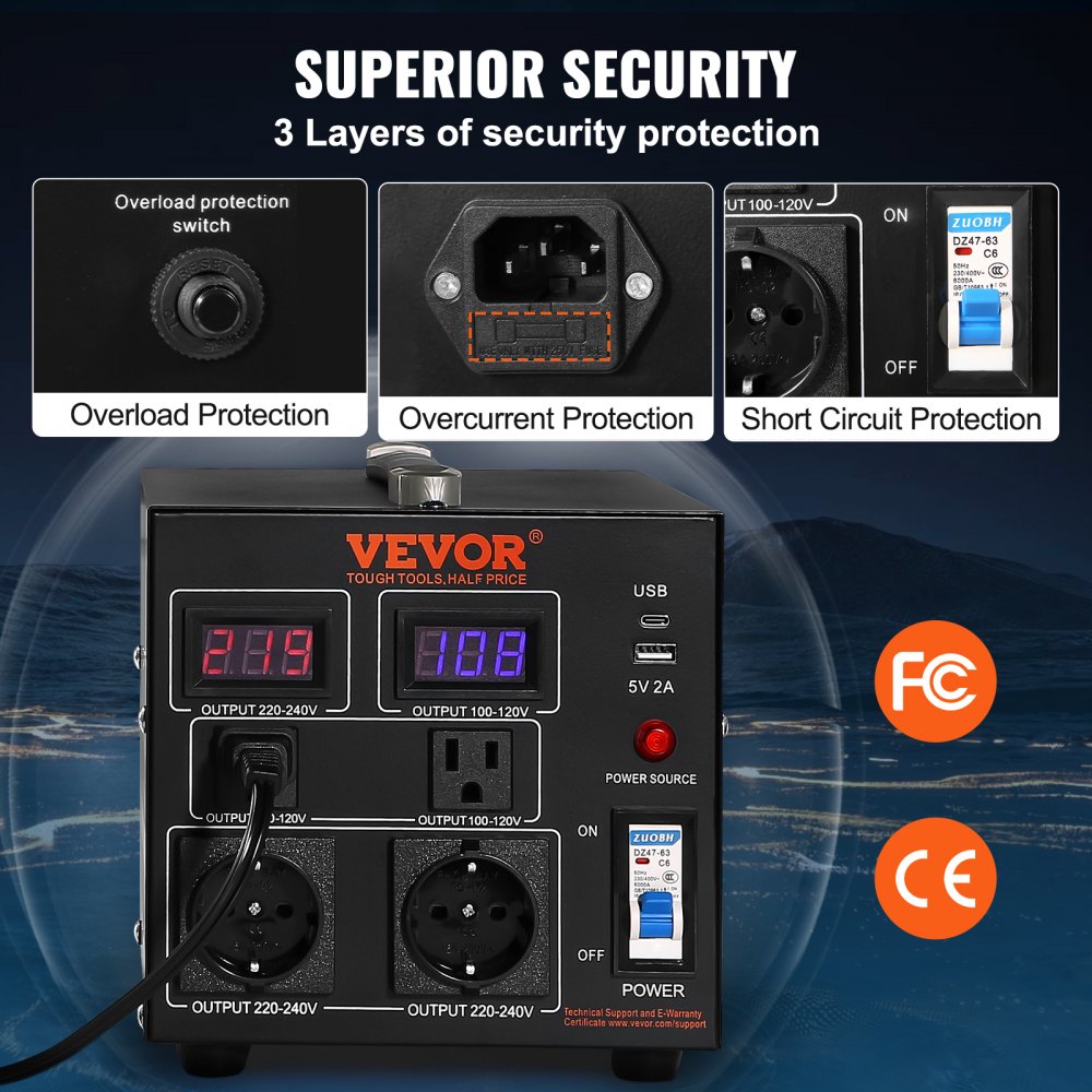 VEVOR 500W spanningsomvormer AC 110V⇋220V transformatoromvormer 2x US NEMA 5-15R 3-pins / 2x standaard Europese Shucko-uitgangsaansluitingen, 1x 5V USB-poort, 1x Type-C-aansluiting