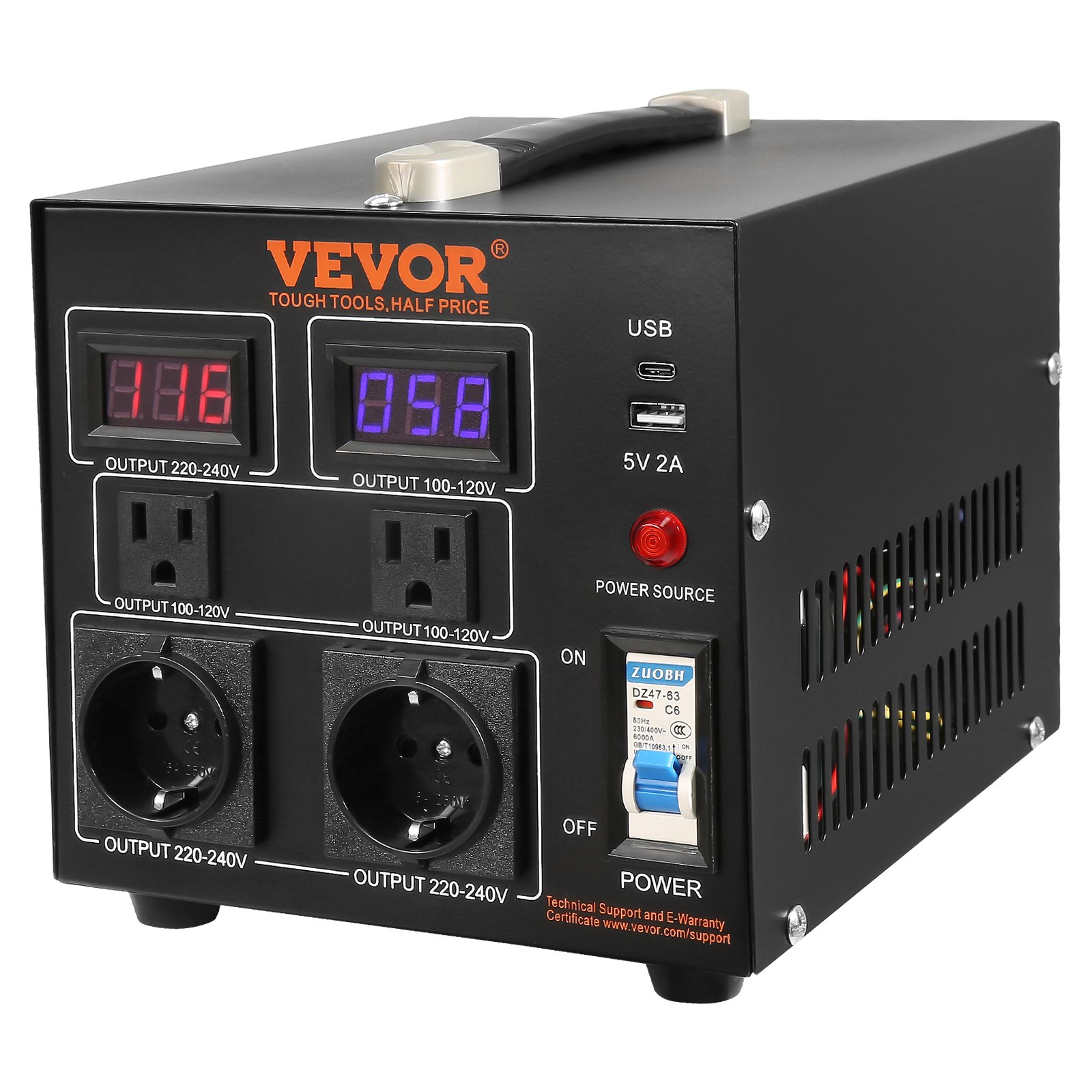 VEVOR 500W spanningsomvormer AC 110V⇋220V transformatoromvormer 2x US NEMA 5-15R 3-pins / 2x standaard Europese Shucko-uitgangsaansluitingen, 1x 5V USB-poort, 1x Type-C-aansluiting