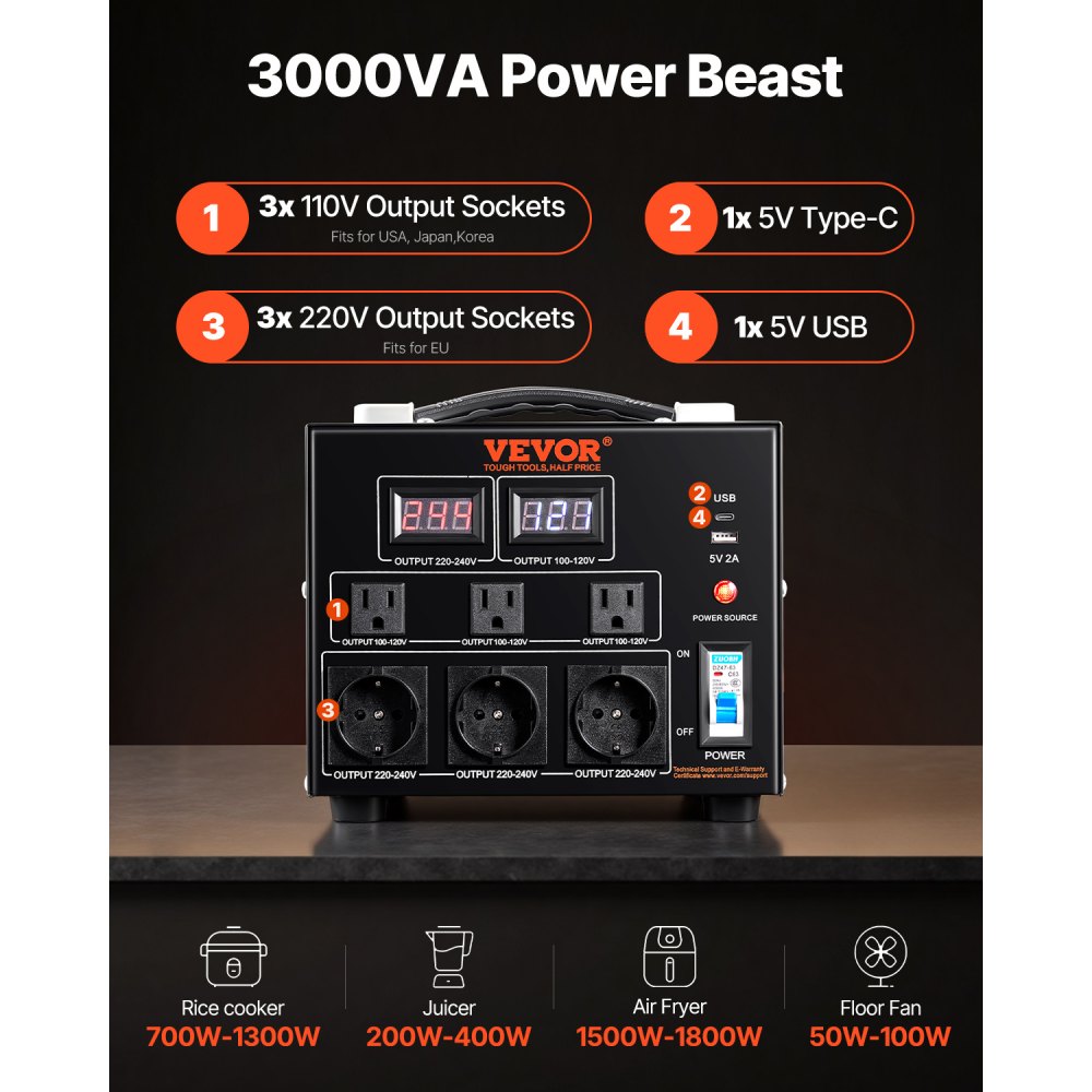 VEVOR 3000W spanningsomvormer transformator AC 110V⇋220V transformatoromvormer 3 Amerikaanse NEMA 5-15R 3-pins uitgangsaansluitingen, 3 Europese Shucko-uitgangsaansluitingen, 1 USB-aansluiting en 1 Type-C-aansluiting