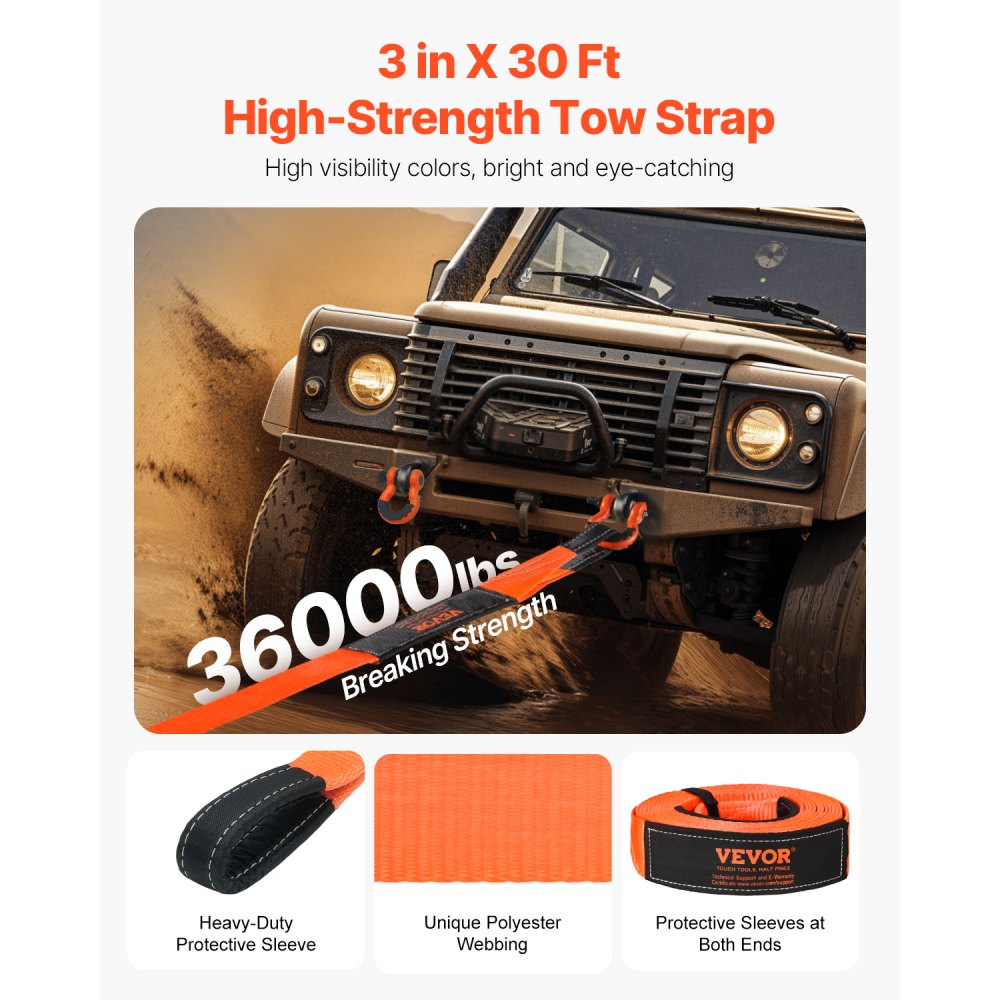 VEVOR Heavy Duty Tow Strap Recovery Kit 3 in x 30 ft (MBS-36,000 lbs) Tree Saver Winch Strap, Triple Reinforced Loop & Protective Sleeves & Storage Bag, 3/4" D-Ring Shackles, for Truck Jeep SUV ATV