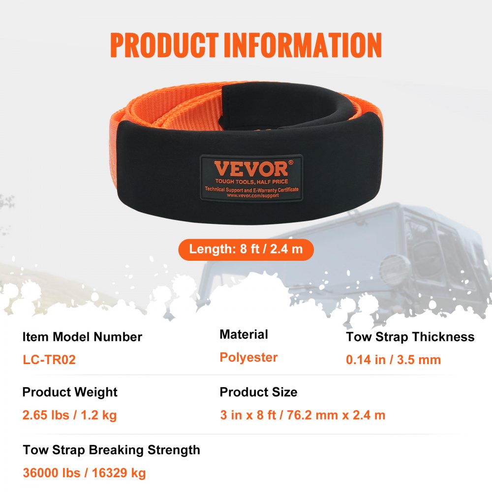 VEVOR Recovery Tow Strap 3 inches, 8 feet 36,000 lbs Break Strength, Triple Reinforced Loop Straps, Tree Saver, Winch Line Extension Strap, Off Road Towing and Recovery, Extreme Weather Resistance