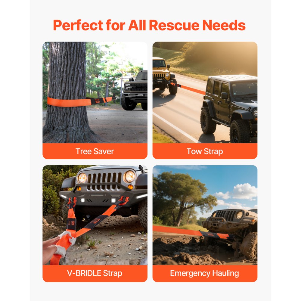VEVOR Recovery Tow Strap 3 inches, 8 feet 36,000 lbs Break Strength, Triple Reinforced Loop Straps, Tree Saver, Winch Line Extension Strap, Off Road Towing and Recovery, Extreme Weather Resistance