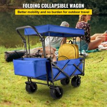 VEVOR Collapsible Wagon Cart, Foldable Wagon Cart with Removable Canopy 600D Oxford Cloth, Collapsible Wagon Oversized Wheels Portable Folding Wagon Adjustable Handles, For Beach, Garden, Sports, Blue