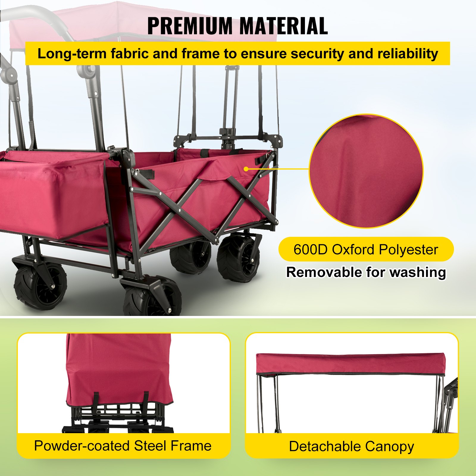 HAPPYBUY Collapsible Wagon Cart, Foldable Wagon Cart with Removable Canopy 600D Oxford Cloth, Collapsible Wagon Oversized Wheels Portable Folding Wagon Adjustable Handles, For Beach, Garden, Sports, R