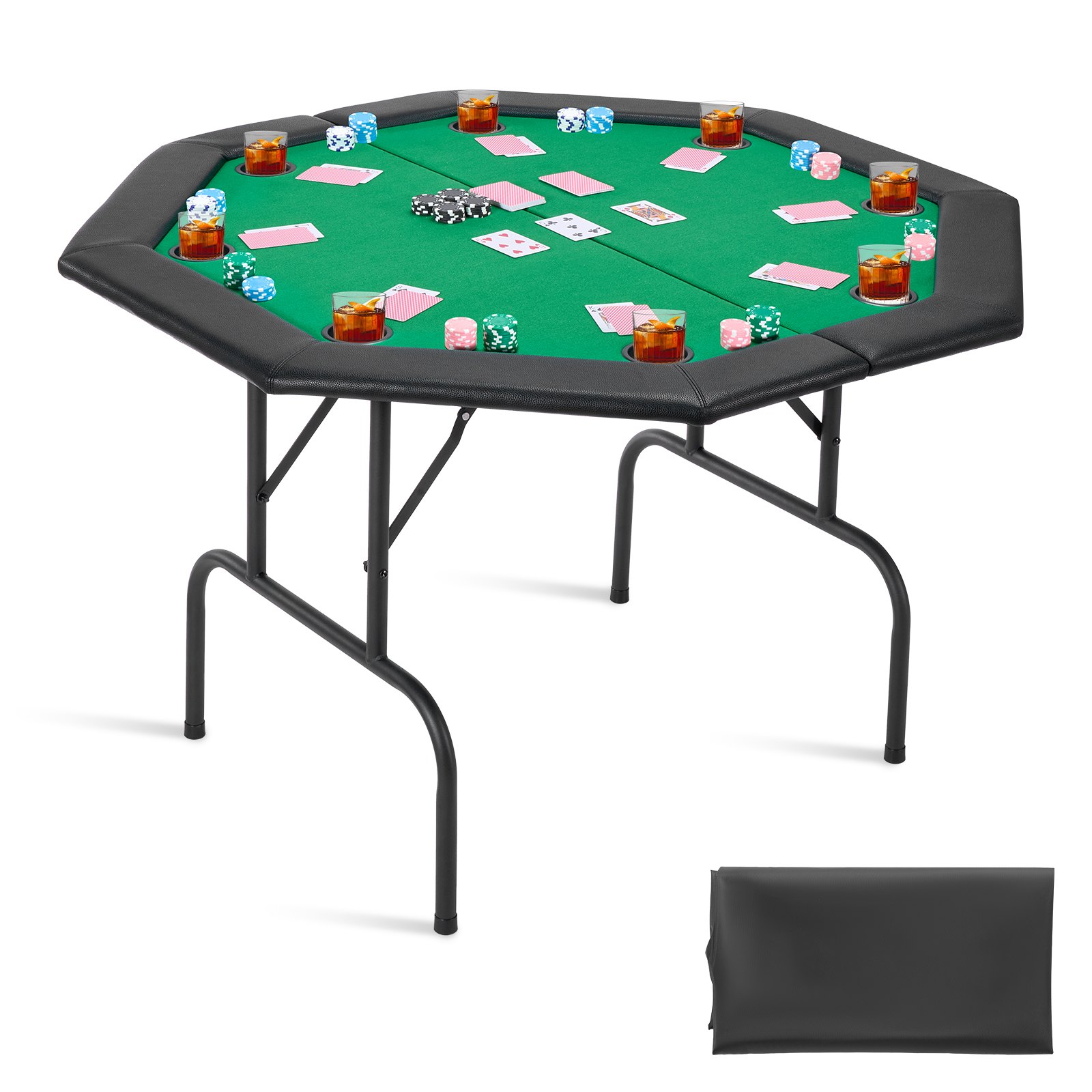 VEVOR Opvouwbare Pokertafel voor 8 spelers (126 cm) Casino Leisure Tafel met gevoerde rails en bekerhouders, Achthoekige draagbare speeltafels met vilt en metalen poten, Texas Hold'em Poker