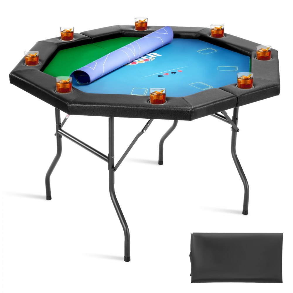 VEVOR Foldable Poker Table, 8 Player 1220 mm Folding Casino Leisure Table with Padded Rails & Cup Holders, Octagonal Portable Game Tables with Felt & Metal Legs, for Texas Hold'em Game and Blackjack