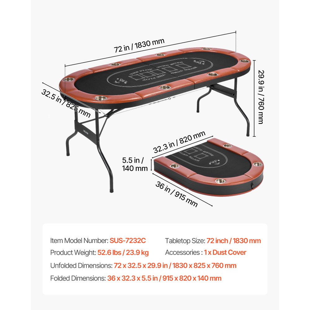 VEVOR Opvouwbare Pokertafel voor 8 spelers (183 cm) Casino Leisure Tafel met gewatteerde rails en bekerhouders, Ovale draagbare speltafels met vilt en metalen poten, Texas Hold'em Poker