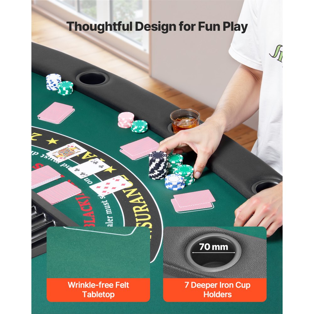 VEVOR Opvouwbare Pokertafel voor 7 spelers (183 cm) Casino Leisure Tafel met gewatteerde rails en bekerhouders, Semi-ovale draagbare speeltafels met vilt en metalen poten, Texas Hold'em Poker