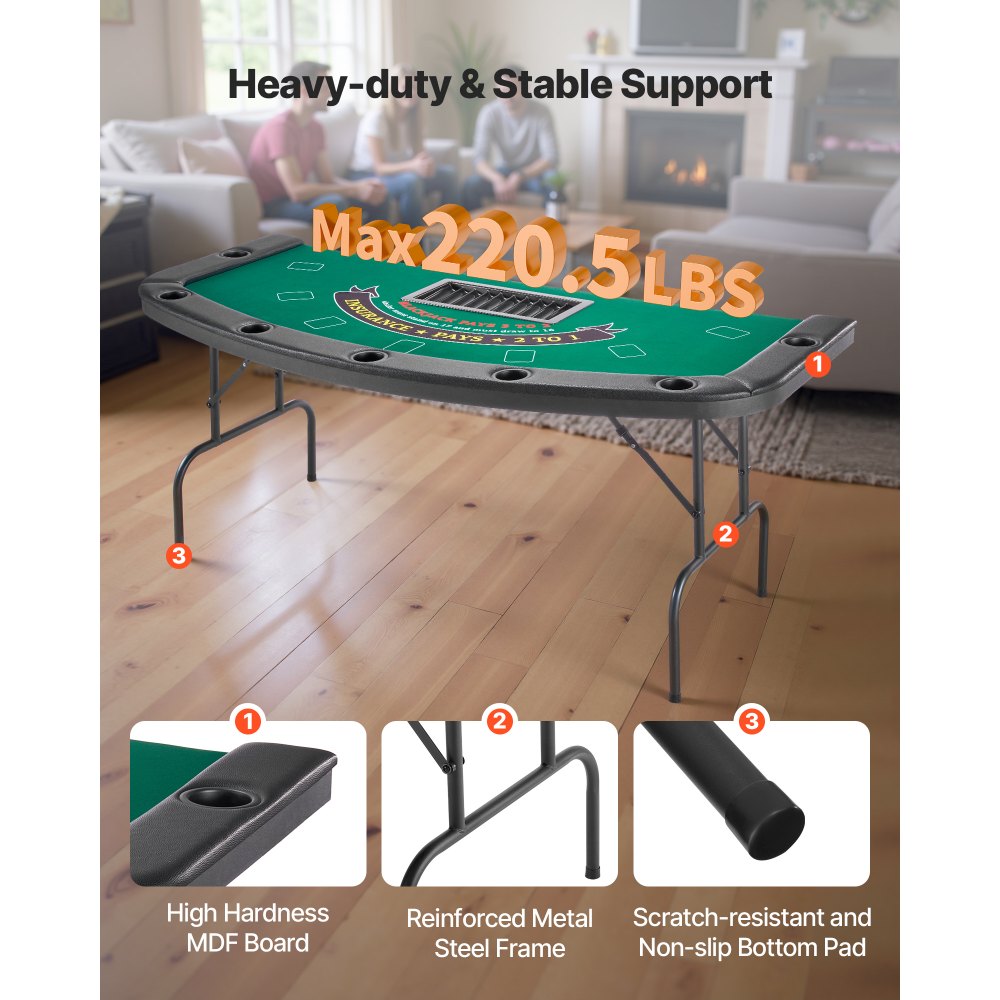 VEVOR Opvouwbare Pokertafel voor 7 spelers (183 cm) Casino Leisure Tafel met gewatteerde rails en bekerhouders, Semi-ovale draagbare speeltafels met vilt en metalen poten, Texas Hold'em Poker