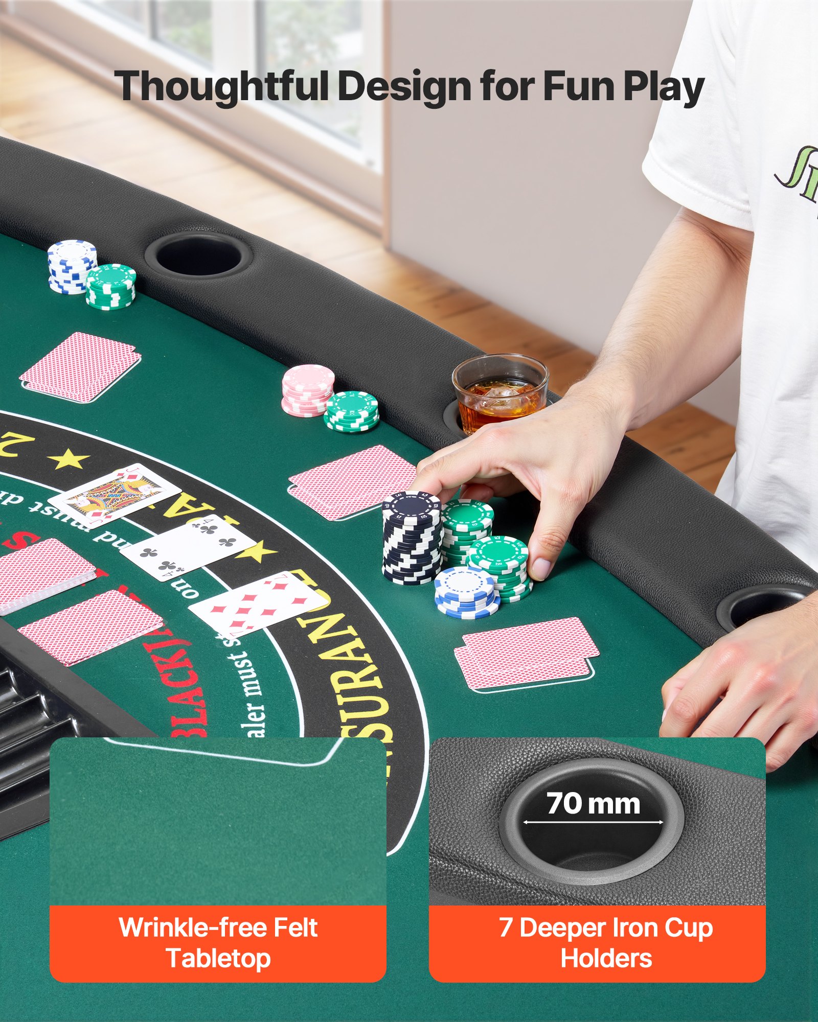 VEVOR Foldable Poker Table, 7 Player 1828.8 mm Folding Casino Leisure Table with Padded Rails & Cup Holders, Semi-oval Portable Game Tables with Felt & Metal Legs, for Texas Hold'em Game and Blackjack