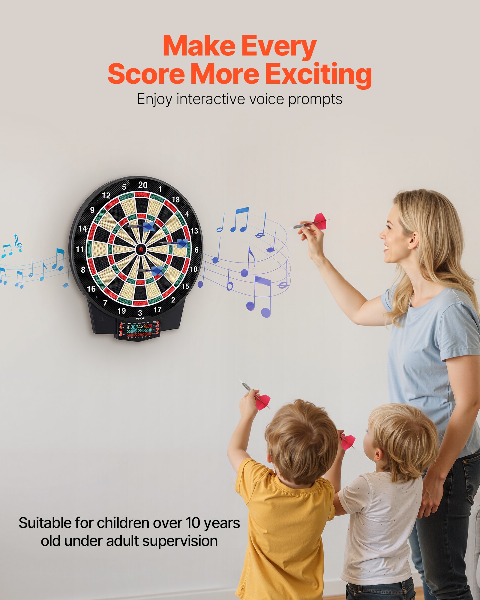 VEVOR Elektronisch Dartbord, 393 mm Elektronisch Dartbord met 43 Spellen en Meer dan 320 Variaties voor maximaal 8 Spelers, 6 Darts met Flights en 50 Reserve Dartpunten, Kleuren LCD Scorebord