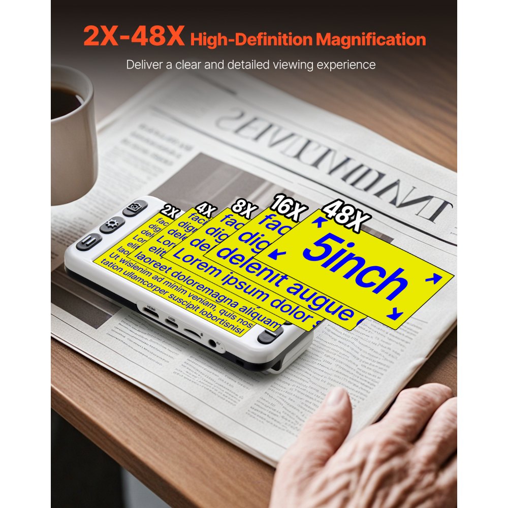 VEVOR Portable Digital Magnifier, 5-inch HD Electronic Video Magnifier for Low Version, 2X - 48X Electronic Reading Aid with 13MP Near & Far Dual Lens, 26 Color Mode, AV/HDMI Output & Foldable Handle