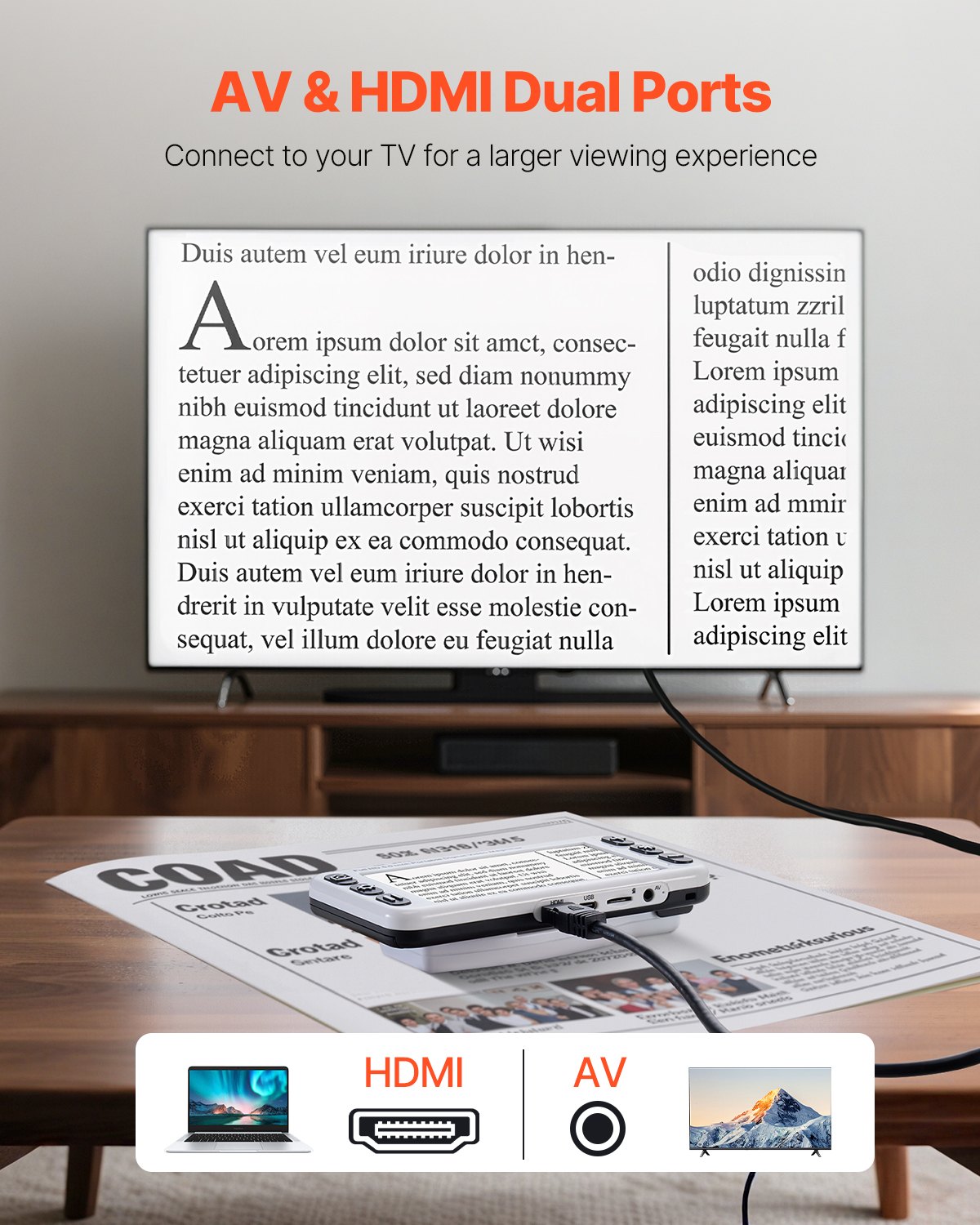 VEVOR Portable Digital Magnifier, 5-inch HD Electronic Video Magnifier for Low Version, 2X - 48X Electronic Reading Aid with 13MP Near & Far Dual Lens, 26 Color Mode, AV/HDMI Output & Foldable Handle