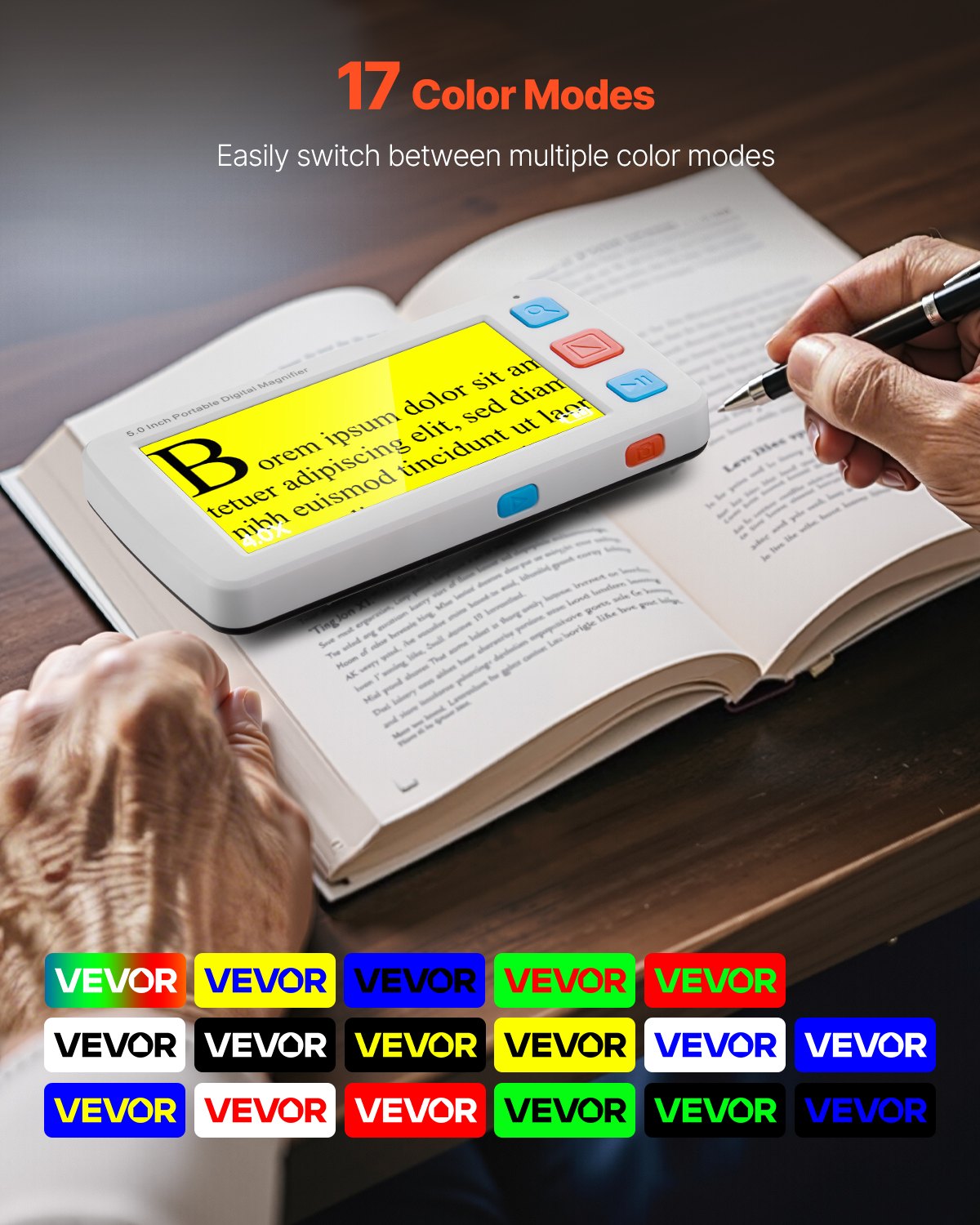 VEVOR Portable Digital Magnifier, 5-inch HD Electronic Video Magnifier for Low Version, 4X - 32X Zoom Electronic Reading Aid with 17 Color Mode, AV Output, Foldable Handle & 5-Level Screen Brightness